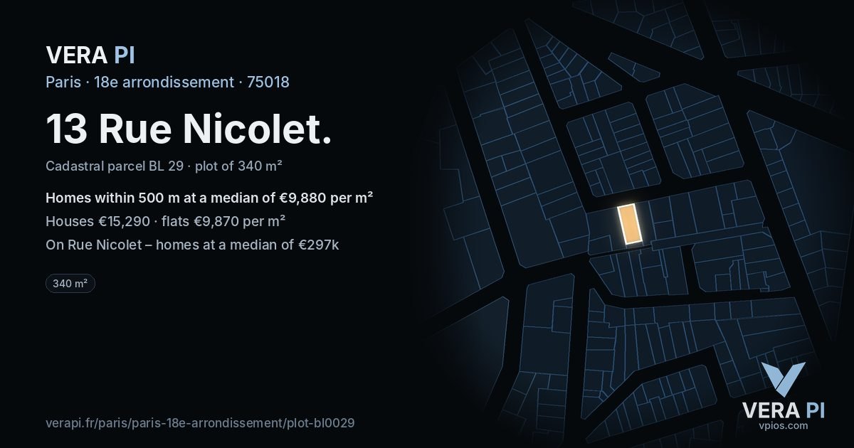 13 Rue Nicolet, 18e arrondissement at night – the plot lit, the parcels around coloured by the prices near them