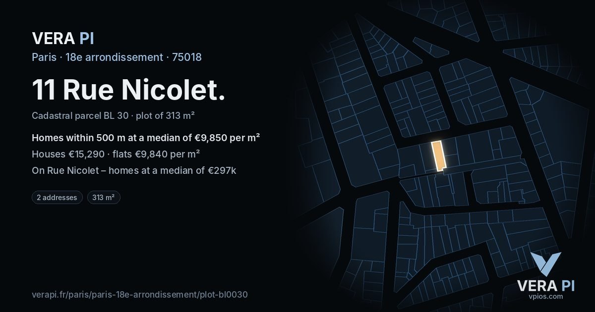 11 Rue Nicolet, 18e arrondissement at night – the plot lit, the parcels around coloured by the prices near them