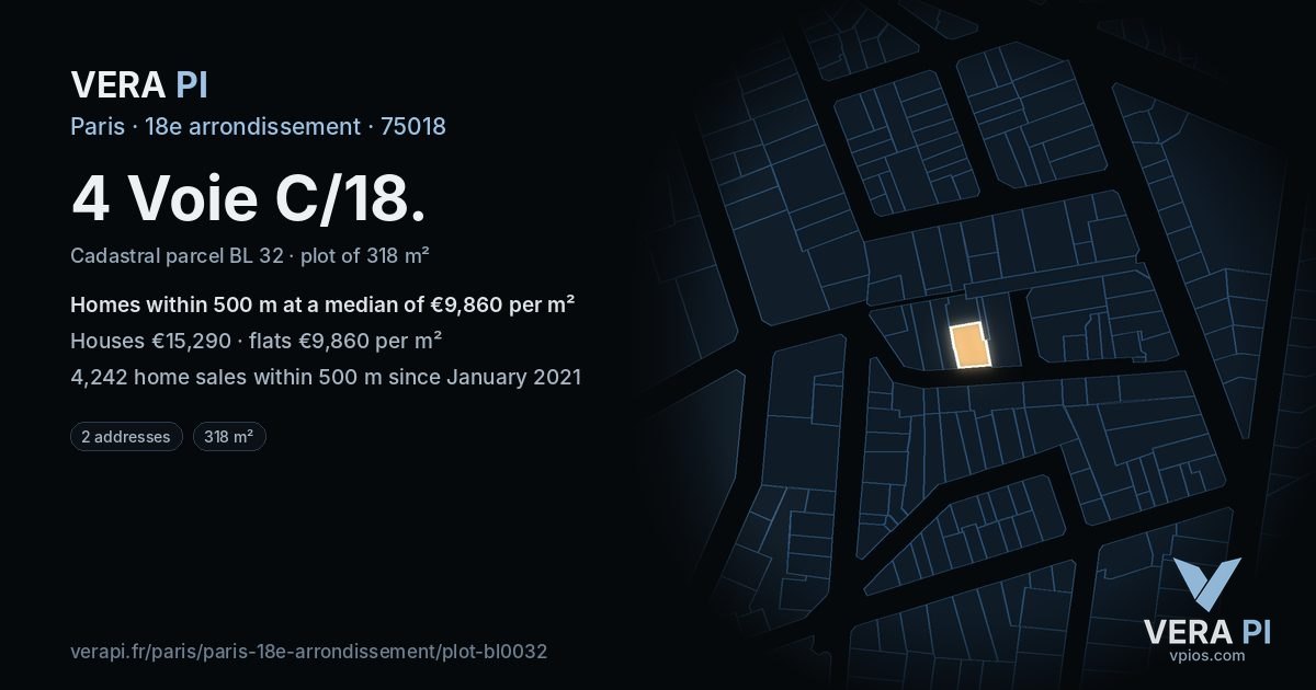 4 Voie C/18, 18e arrondissement at night – the plot lit, the parcels around coloured by the prices near them