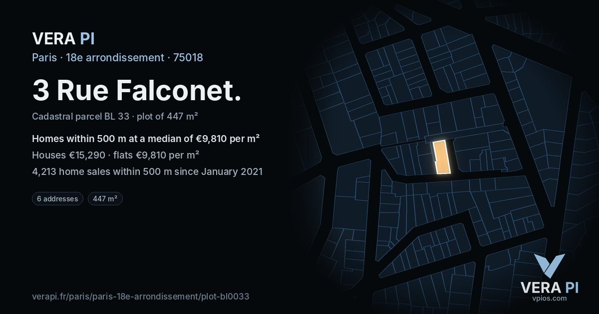 3 Rue Falconet, 18e arrondissement at night – the plot lit, the parcels around coloured by the prices near them