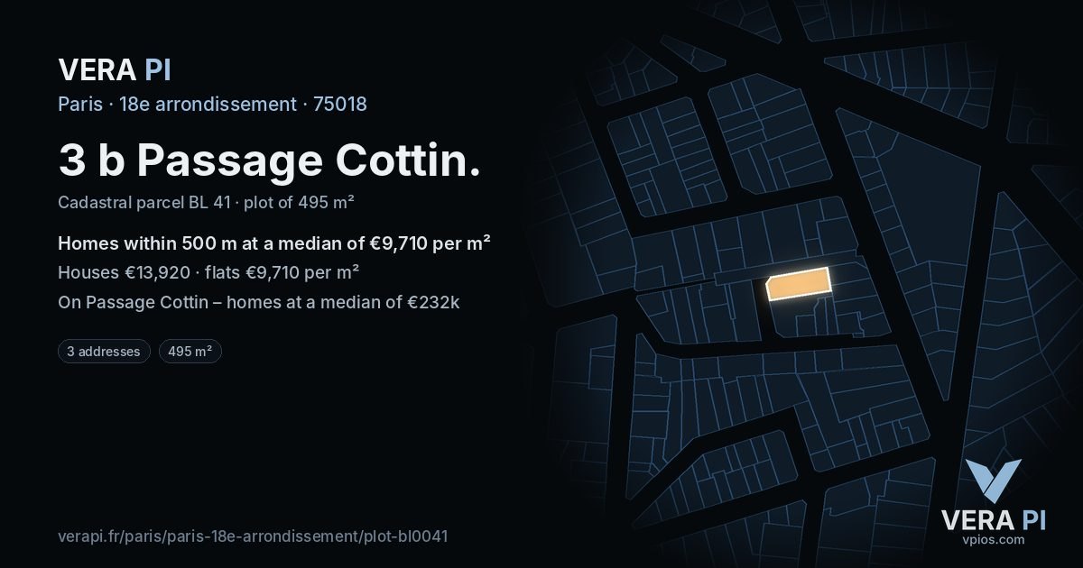 3 b Passage Cottin, 18e arrondissement at night – the plot lit, the parcels around coloured by the prices near them