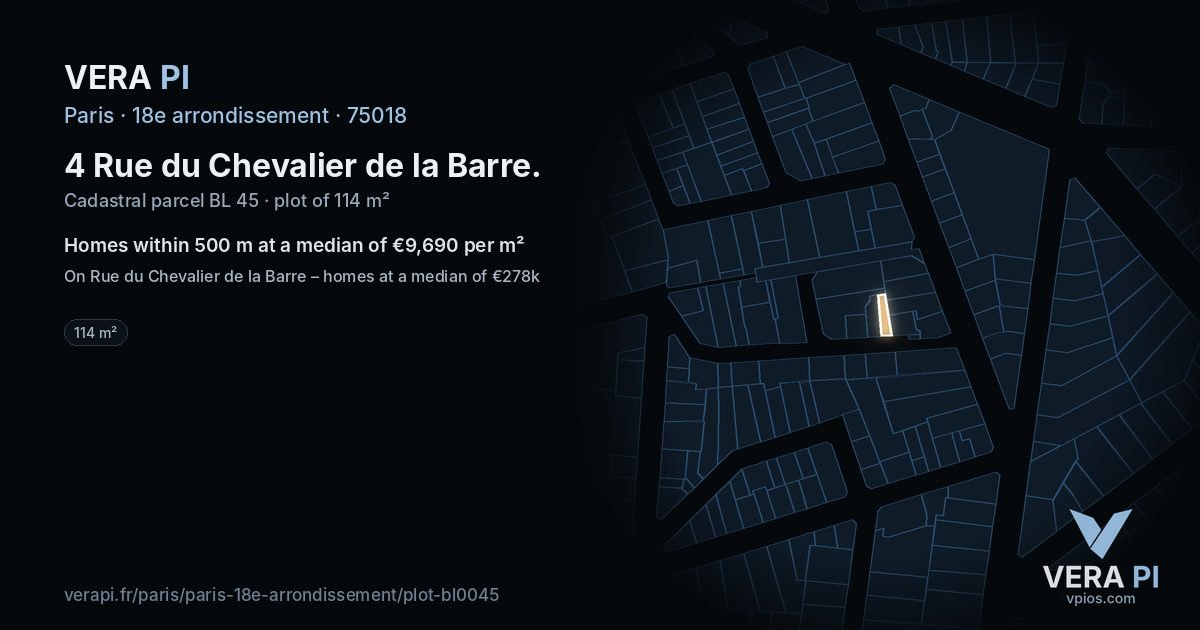 4 Rue du Chevalier de la Barre, 18e arrondissement at night – the plot lit, the parcels around coloured by the prices near them