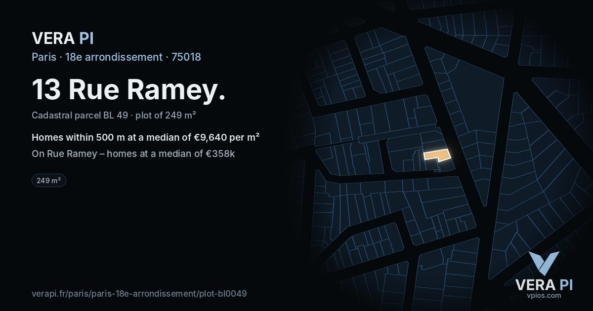 13 Rue Ramey, 18e arrondissement at night – the plot lit, the parcels around coloured by the prices near them