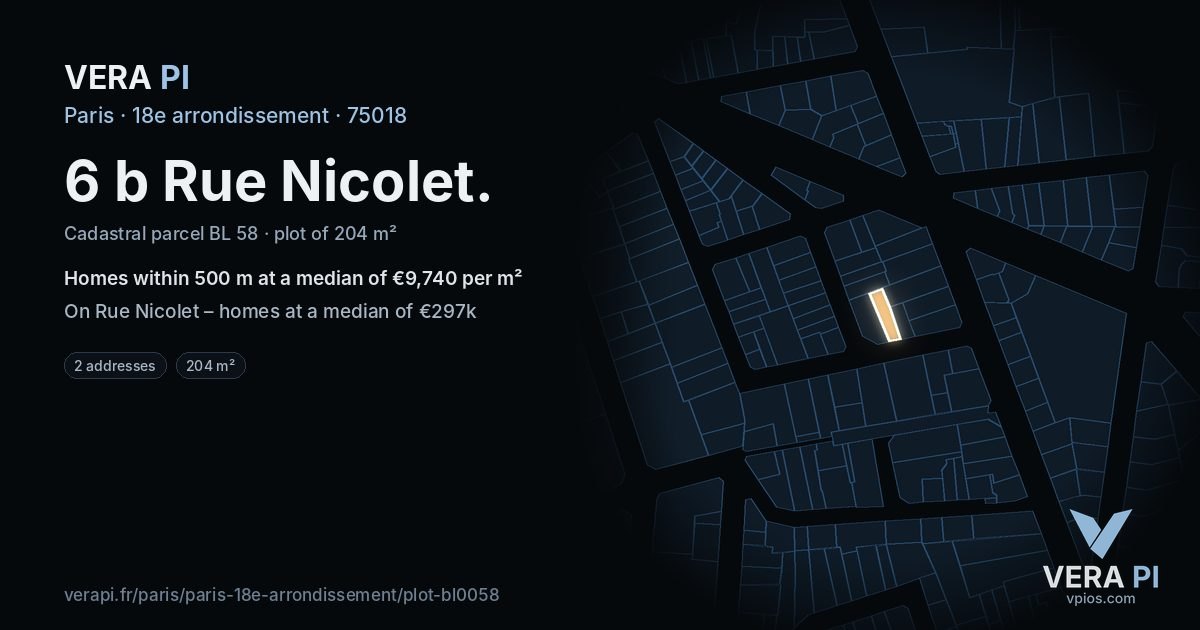 6 b Rue Nicolet, 18e arrondissement at night – the plot lit, the parcels around coloured by the prices near them