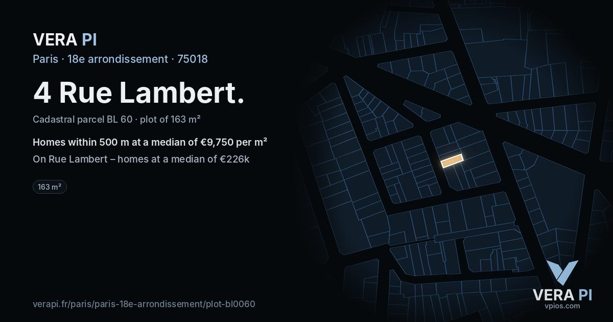 4 Rue Lambert, 18e arrondissement at night – the plot lit, the parcels around coloured by the prices near them
