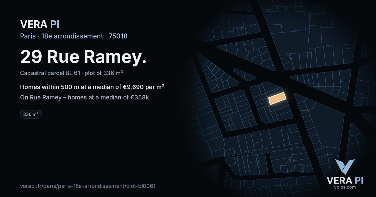 29 Rue Ramey, 18e arrondissement at night – the plot lit, the parcels around coloured by the prices near them