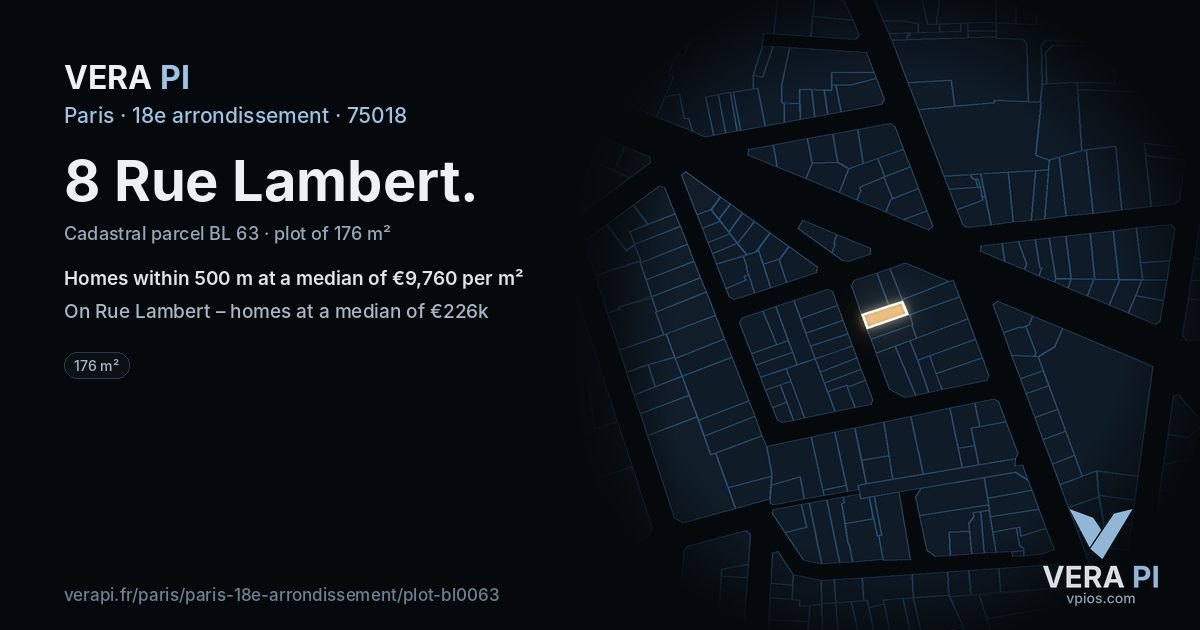8 Rue Lambert, 18e arrondissement at night – the plot lit, the parcels around coloured by the prices near them