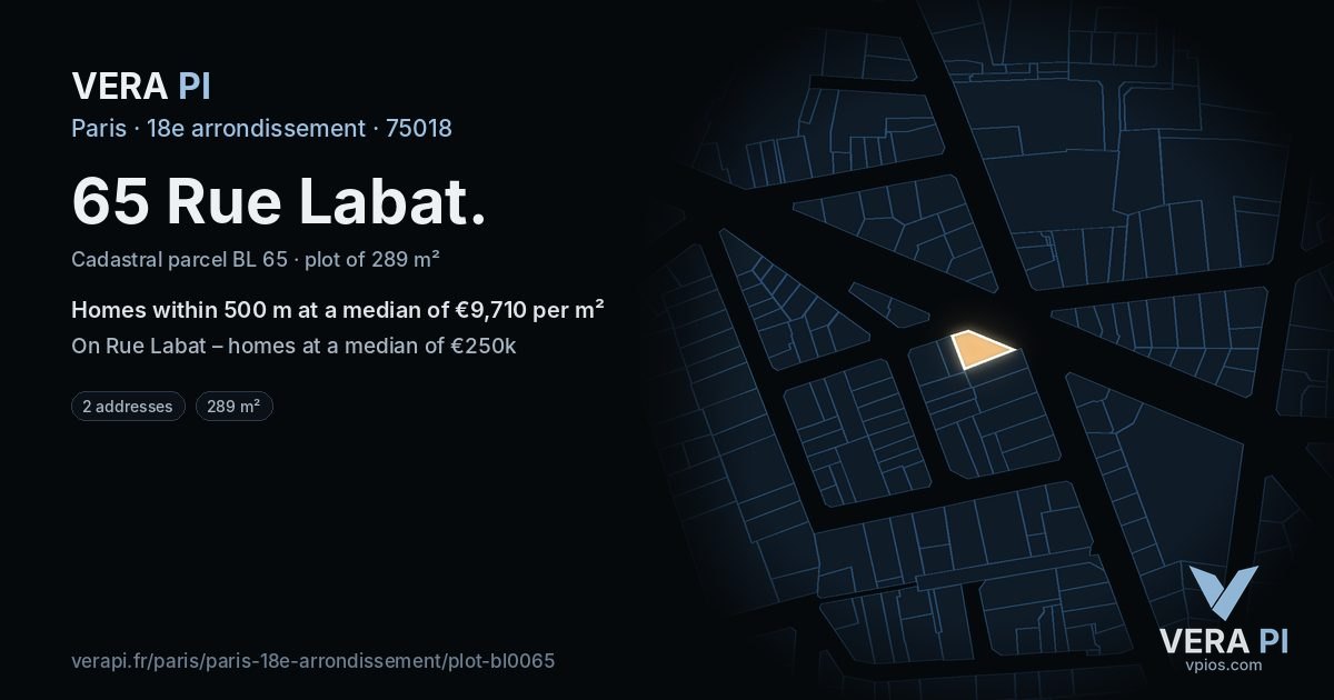 65 Rue Labat, 18e arrondissement at night – the plot lit, the parcels around coloured by the prices near them