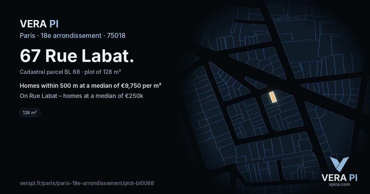 67 Rue Labat, 18e arrondissement at night – the plot lit, the parcels around coloured by the prices near them