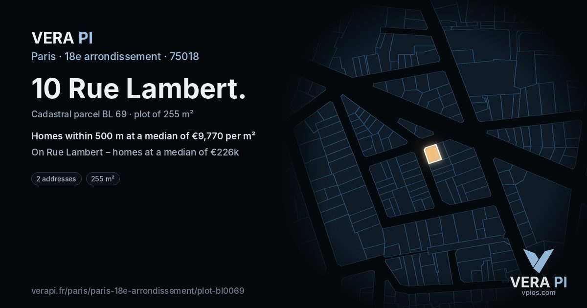 10 Rue Lambert, 18e arrondissement at night – the plot lit, the parcels around coloured by the prices near them