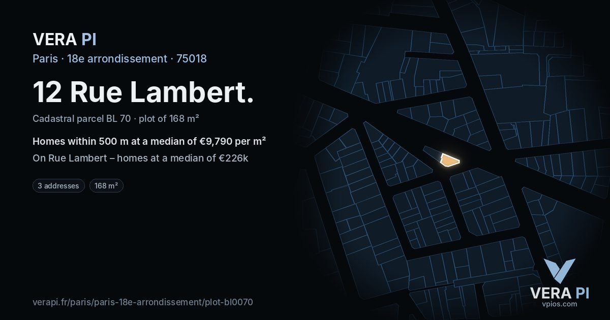 12 Rue Lambert, 18e arrondissement at night – the plot lit, the parcels around coloured by the prices near them