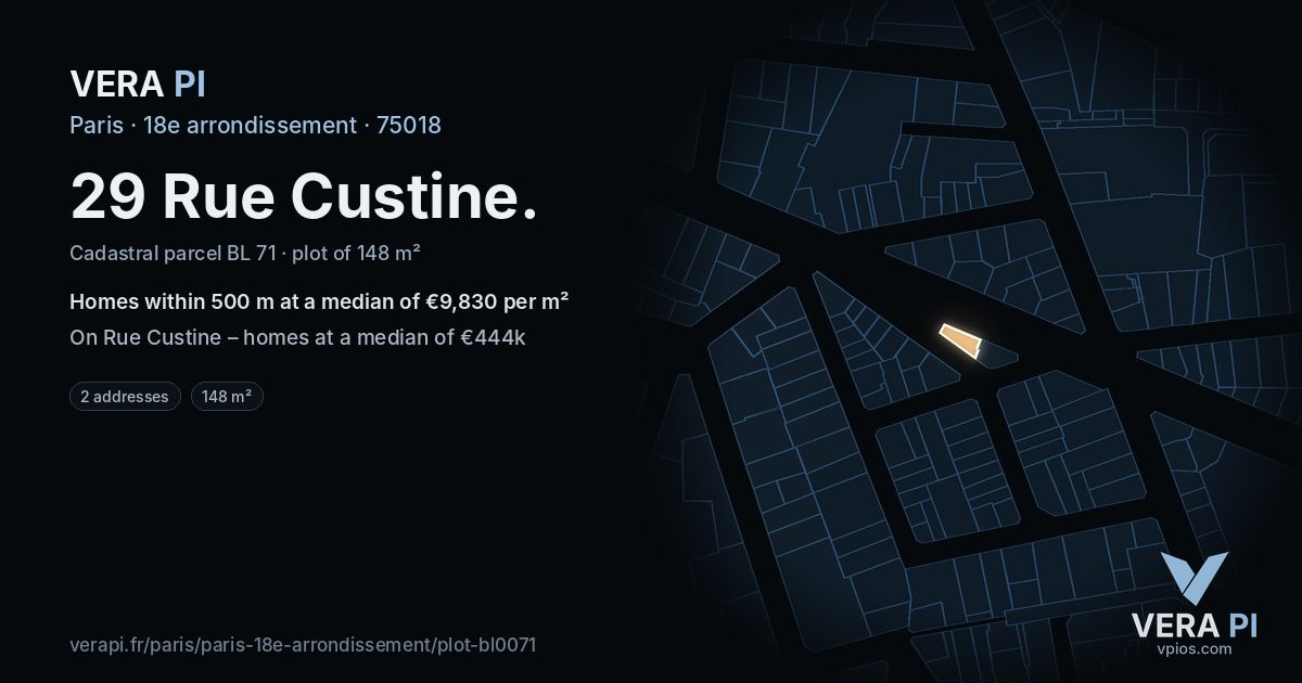 29 Rue Custine, 18e arrondissement at night – the plot lit, the parcels around coloured by the prices near them