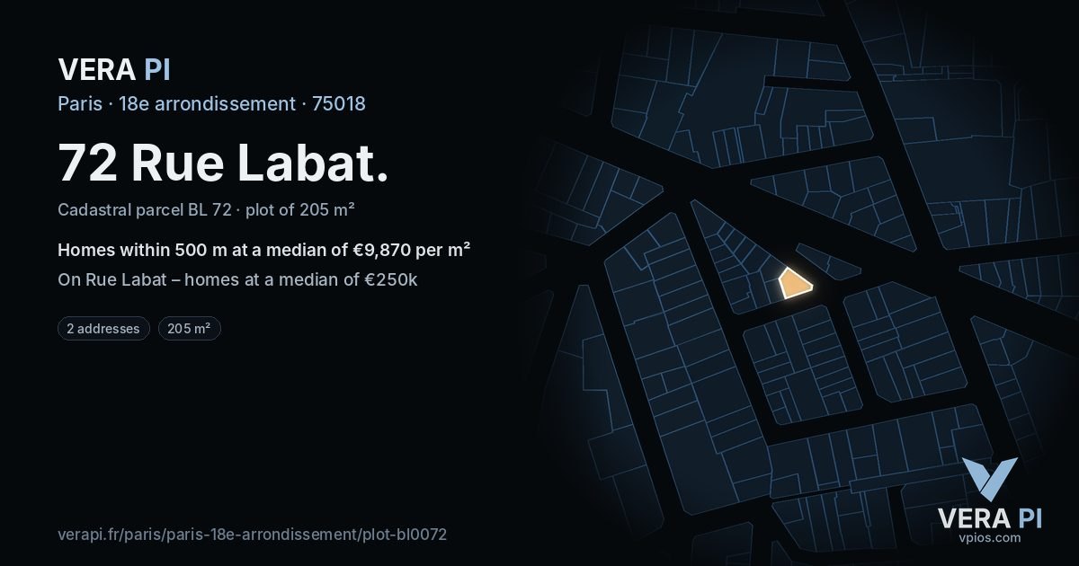 72 Rue Labat, 18e arrondissement at night – the plot lit, the parcels around coloured by the prices near them