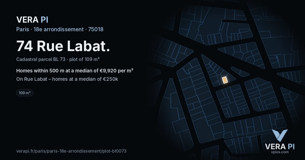 74 Rue Labat, 18e arrondissement at night – the plot lit, the parcels around coloured by the prices near them