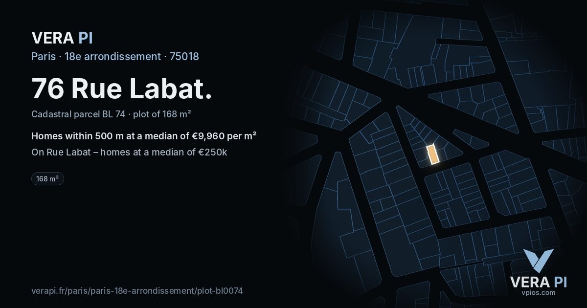 76 Rue Labat, 18e arrondissement at night – the plot lit, the parcels around coloured by the prices near them