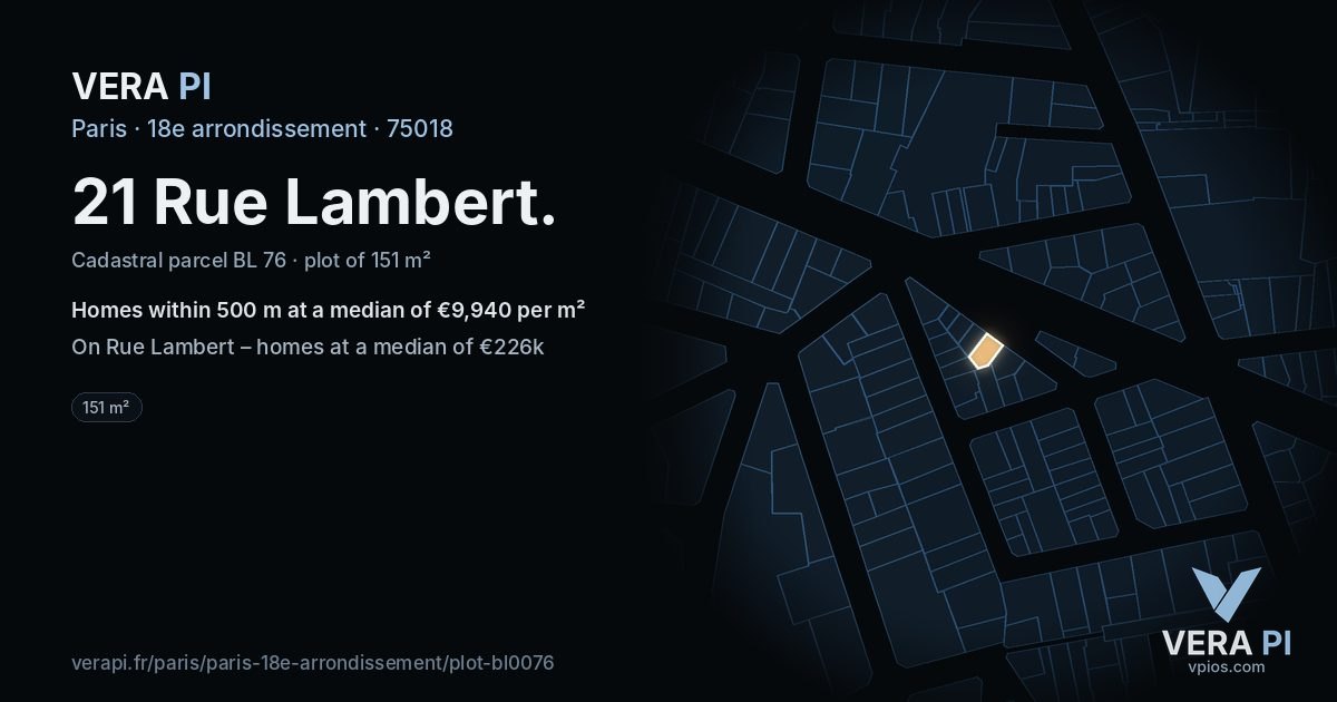 21 Rue Lambert, 18e arrondissement at night – the plot lit, the parcels around coloured by the prices near them