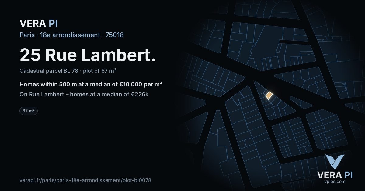 25 Rue Lambert, 18e arrondissement at night – the plot lit, the parcels around coloured by the prices near them