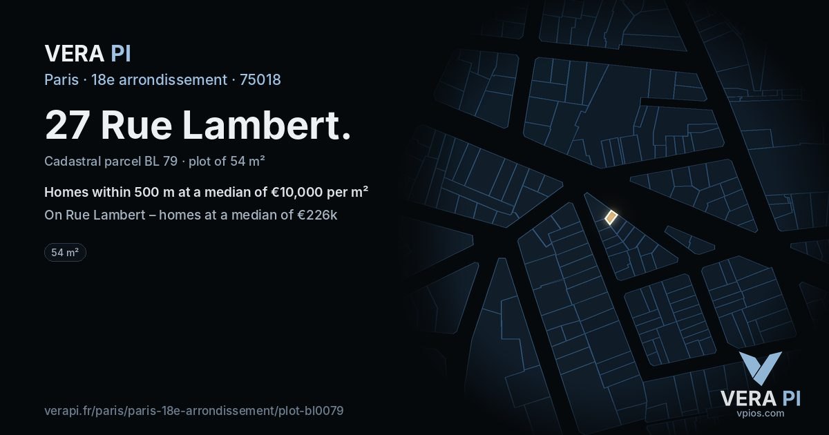 27 Rue Lambert, 18e arrondissement at night – the plot lit, the parcels around coloured by the prices near them