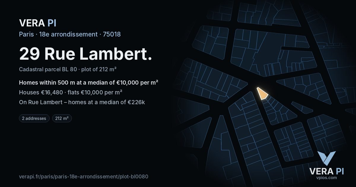 29 Rue Lambert, 18e arrondissement at night – the plot lit, the parcels around coloured by the prices near them