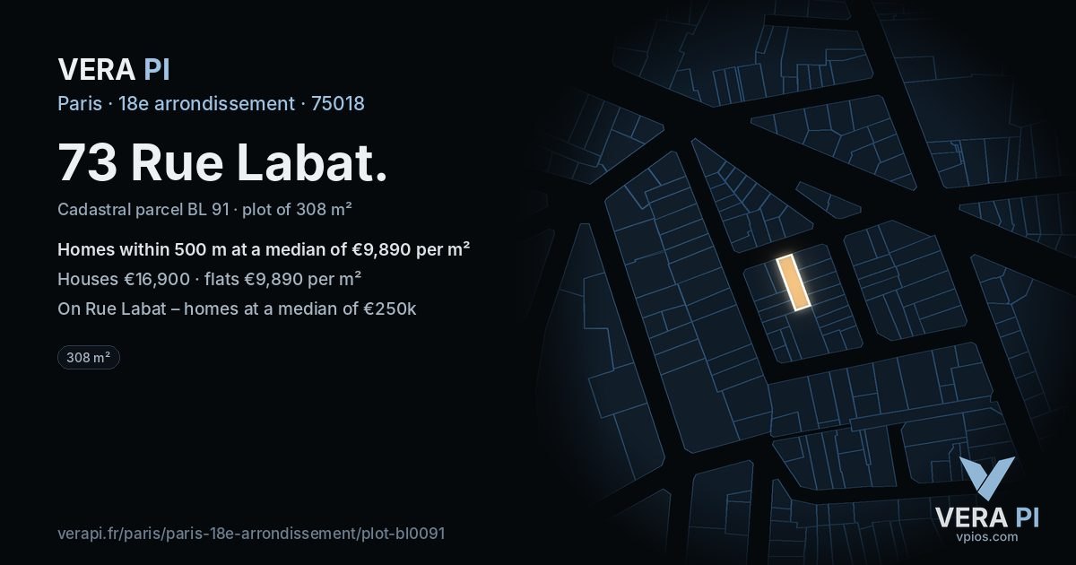 73 Rue Labat, 18e arrondissement at night – the plot lit, the parcels around coloured by the prices near them