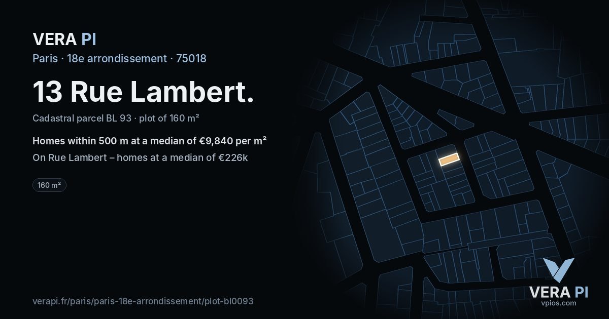 13 Rue Lambert, 18e arrondissement at night – the plot lit, the parcels around coloured by the prices near them
