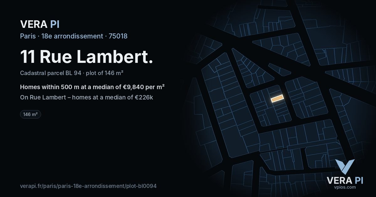 11 Rue Lambert, 18e arrondissement at night – the plot lit, the parcels around coloured by the prices near them