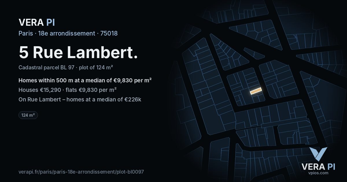 5 Rue Lambert, 18e arrondissement at night – the plot lit, the parcels around coloured by the prices near them