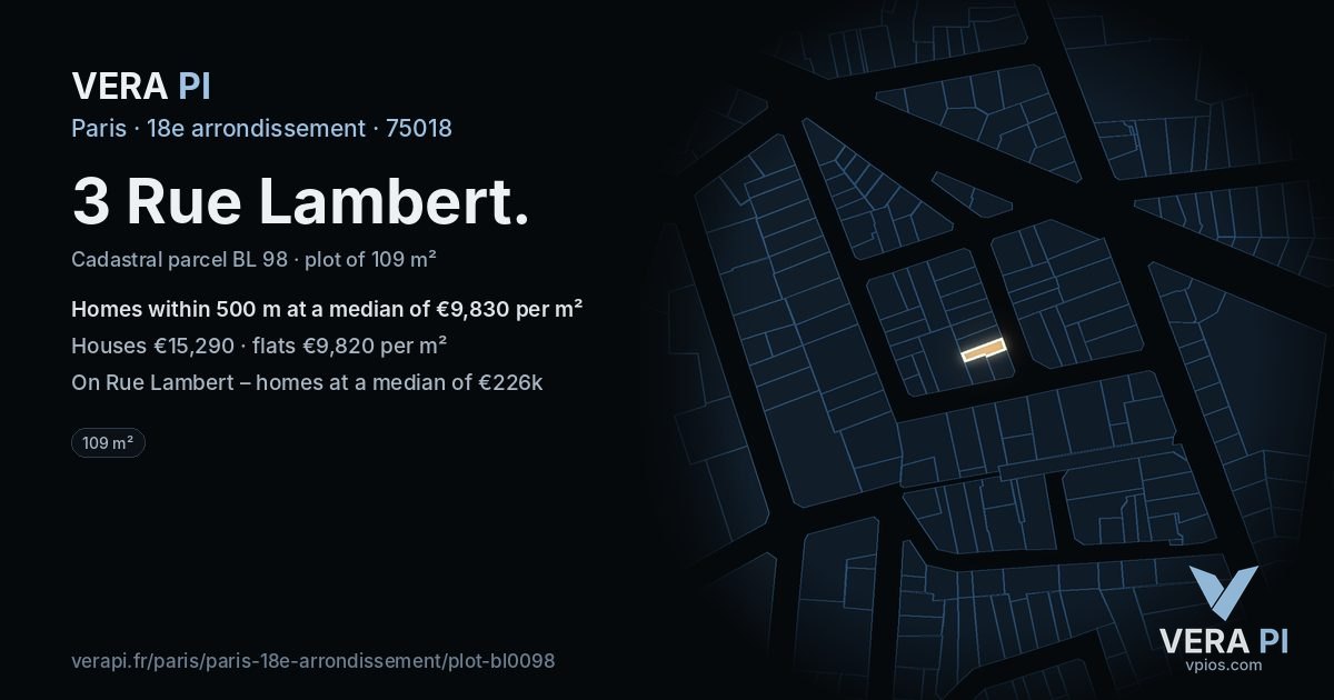 3 Rue Lambert, 18e arrondissement at night – the plot lit, the parcels around coloured by the prices near them