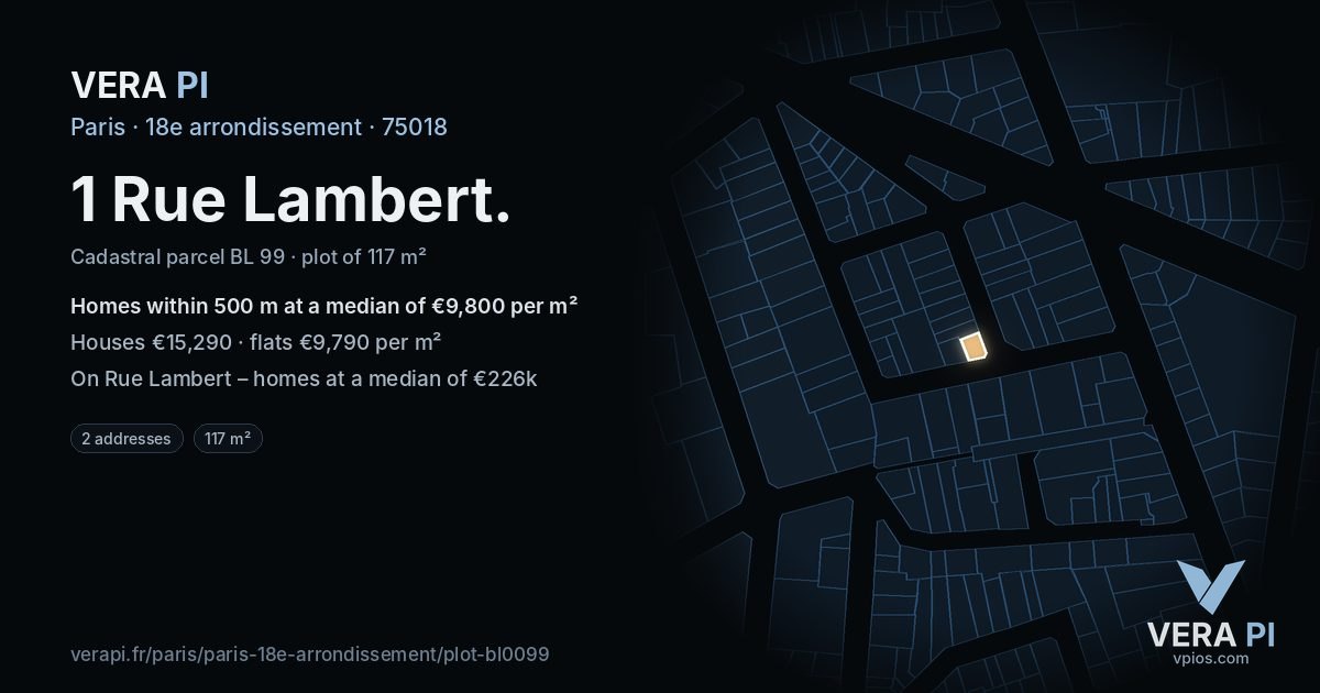 1 Rue Lambert, 18e arrondissement at night – the plot lit, the parcels around coloured by the prices near them