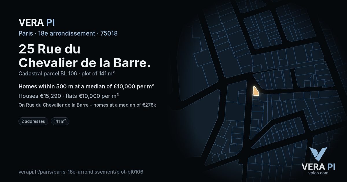 25 Rue du Chevalier de la Barre, 18e arrondissement at night – the plot lit, the parcels around coloured by the prices near them