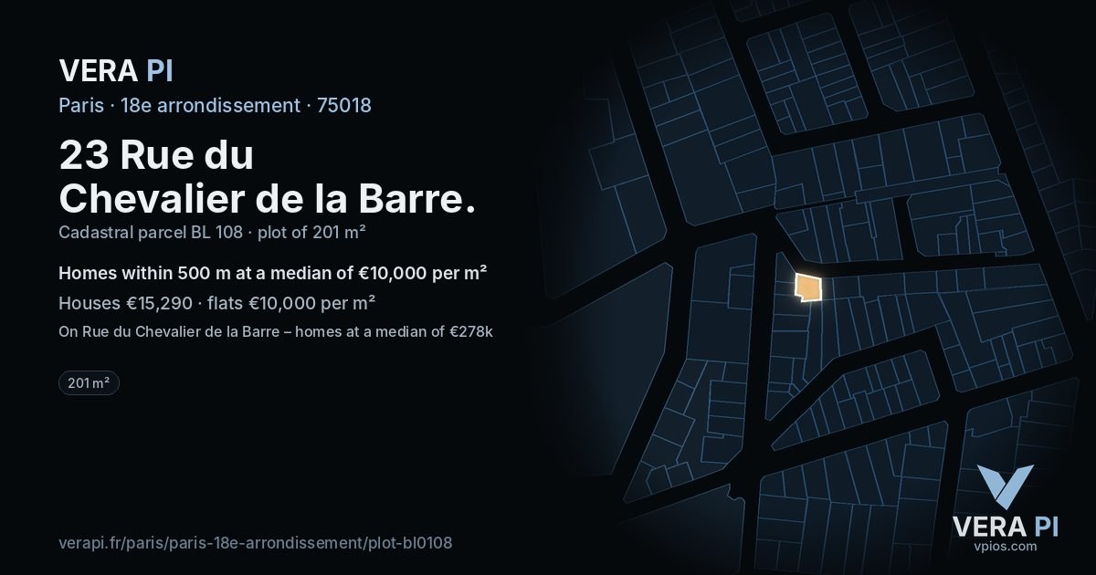 23 Rue du Chevalier de la Barre, 18e arrondissement at night – the plot lit, the parcels around coloured by the prices near them