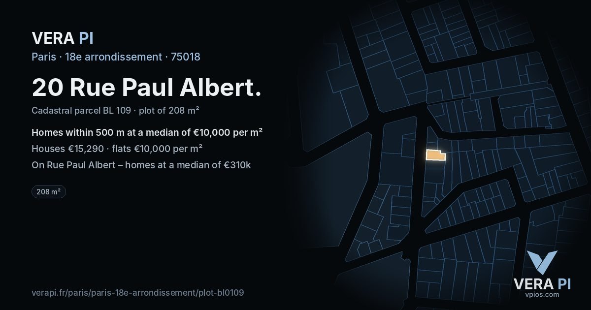 20 Rue Paul Albert, 18e arrondissement at night – the plot lit, the parcels around coloured by the prices near them