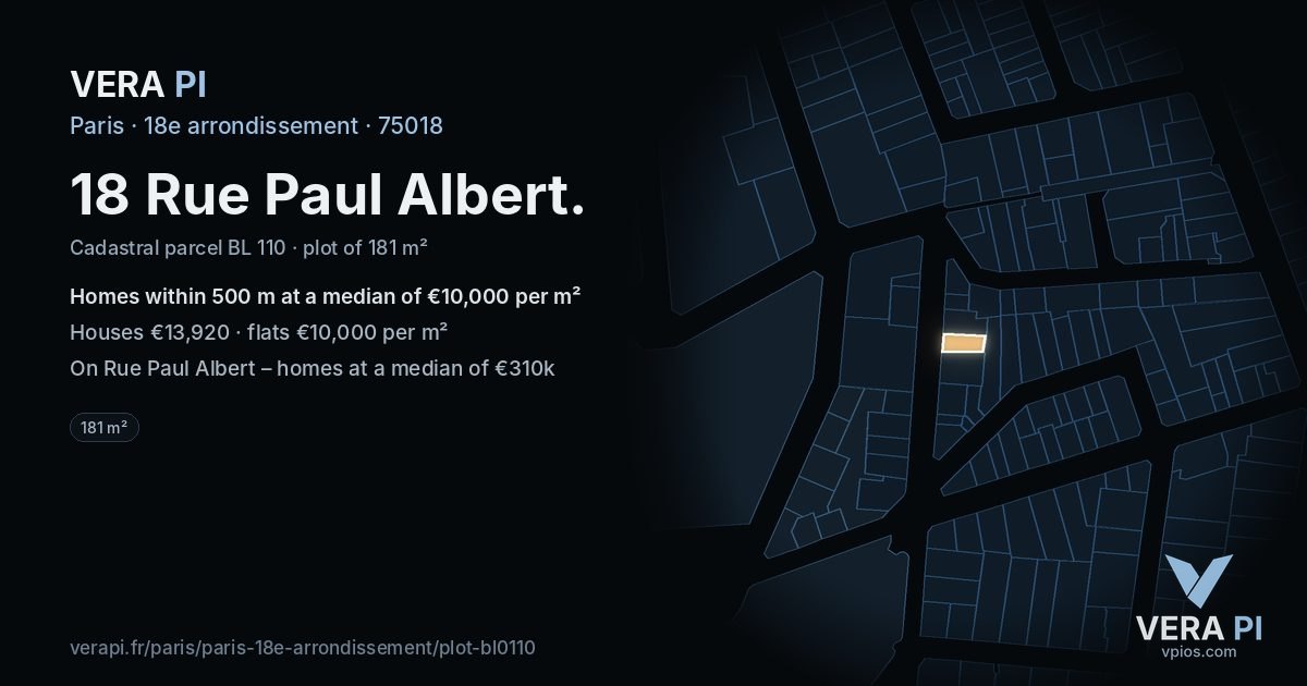 18 Rue Paul Albert, 18e arrondissement at night – the plot lit, the parcels around coloured by the prices near them