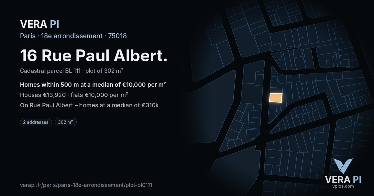 16 Rue Paul Albert, 18e arrondissement at night – the plot lit, the parcels around coloured by the prices near them