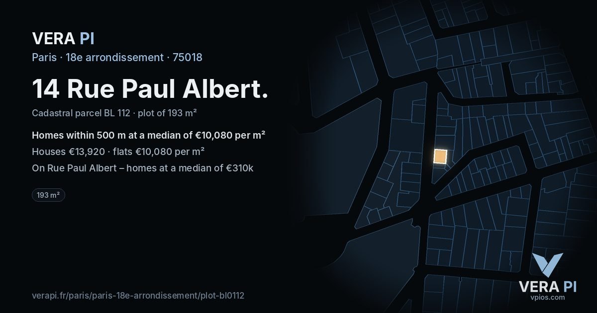 14 Rue Paul Albert, 18e arrondissement at night – the plot lit, the parcels around coloured by the prices near them