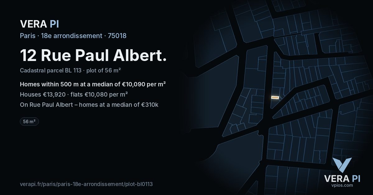 12 Rue Paul Albert, 18e arrondissement at night – the plot lit, the parcels around coloured by the prices near them