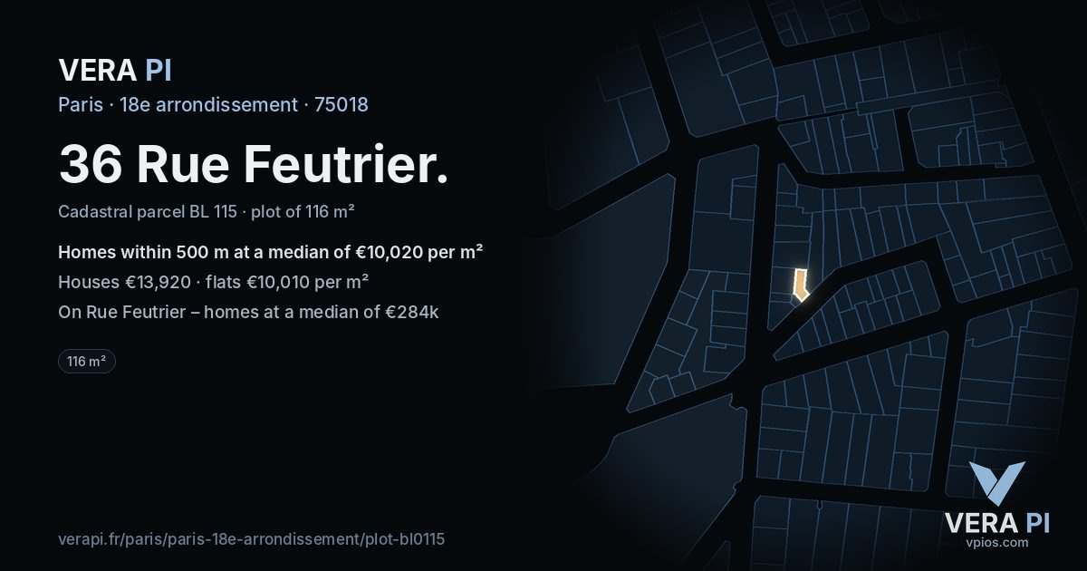 36 Rue Feutrier, 18e arrondissement at night – the plot lit, the parcels around coloured by the prices near them