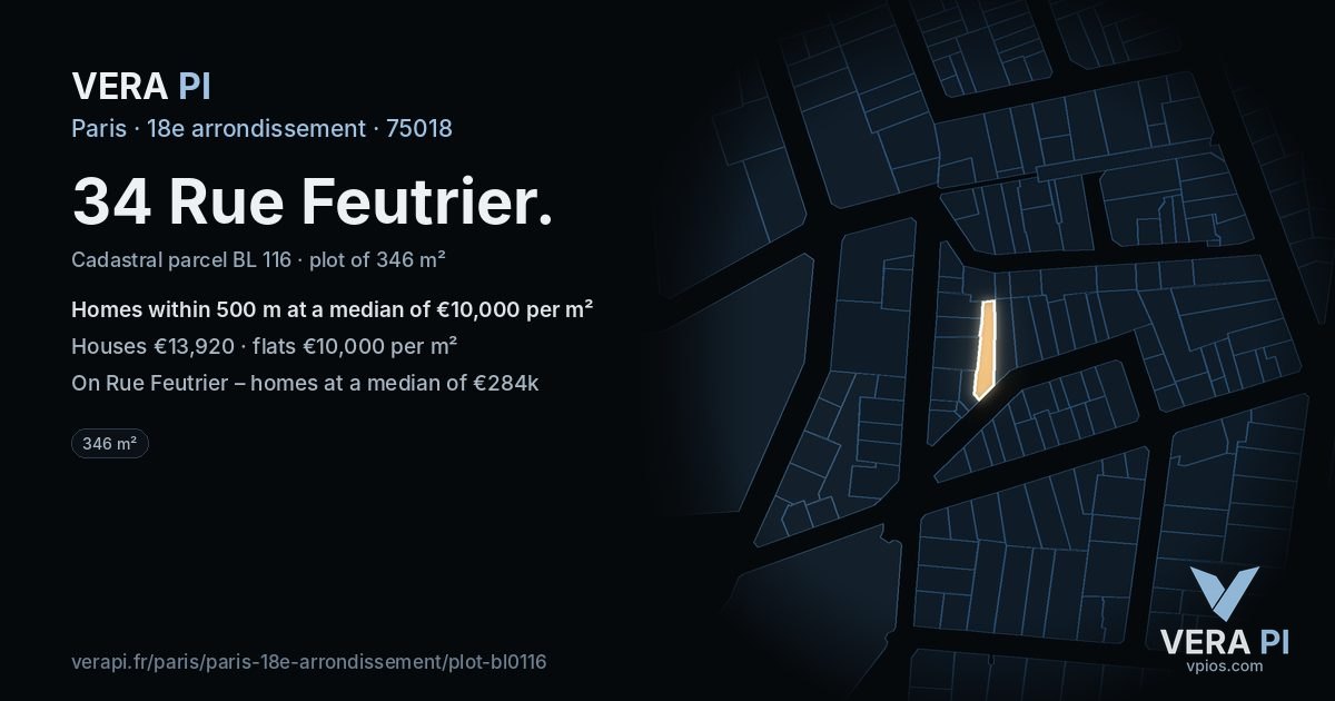 34 Rue Feutrier, 18e arrondissement at night – the plot lit, the parcels around coloured by the prices near them