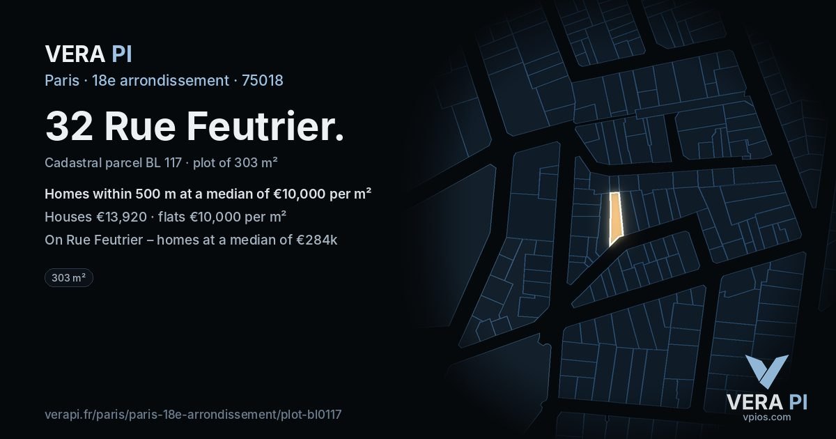 32 Rue Feutrier, 18e arrondissement at night – the plot lit, the parcels around coloured by the prices near them