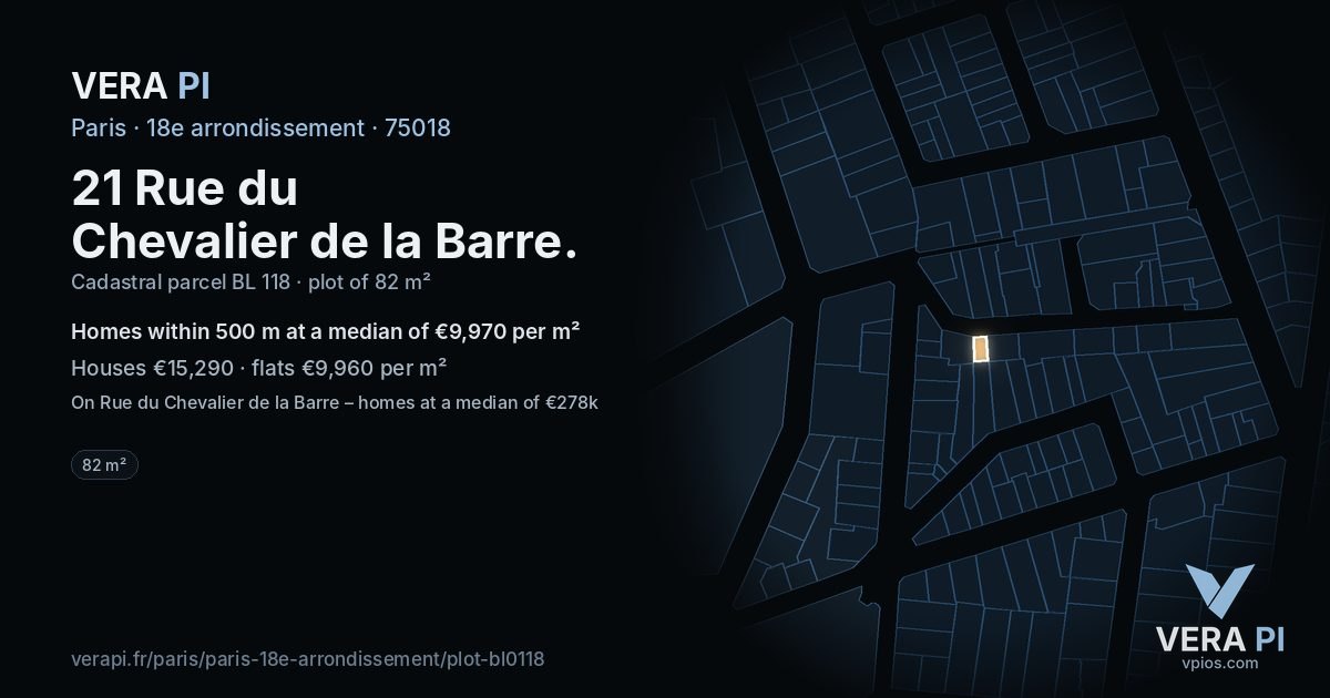 21 Rue du Chevalier de la Barre, 18e arrondissement at night – the plot lit, the parcels around coloured by the prices near them