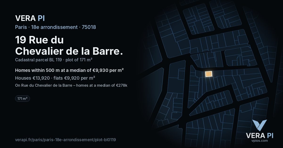 19 Rue du Chevalier de la Barre, 18e arrondissement at night – the plot lit, the parcels around coloured by the prices near them