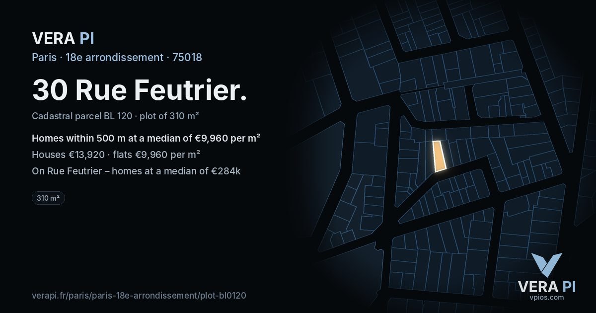 30 Rue Feutrier, 18e arrondissement at night – the plot lit, the parcels around coloured by the prices near them