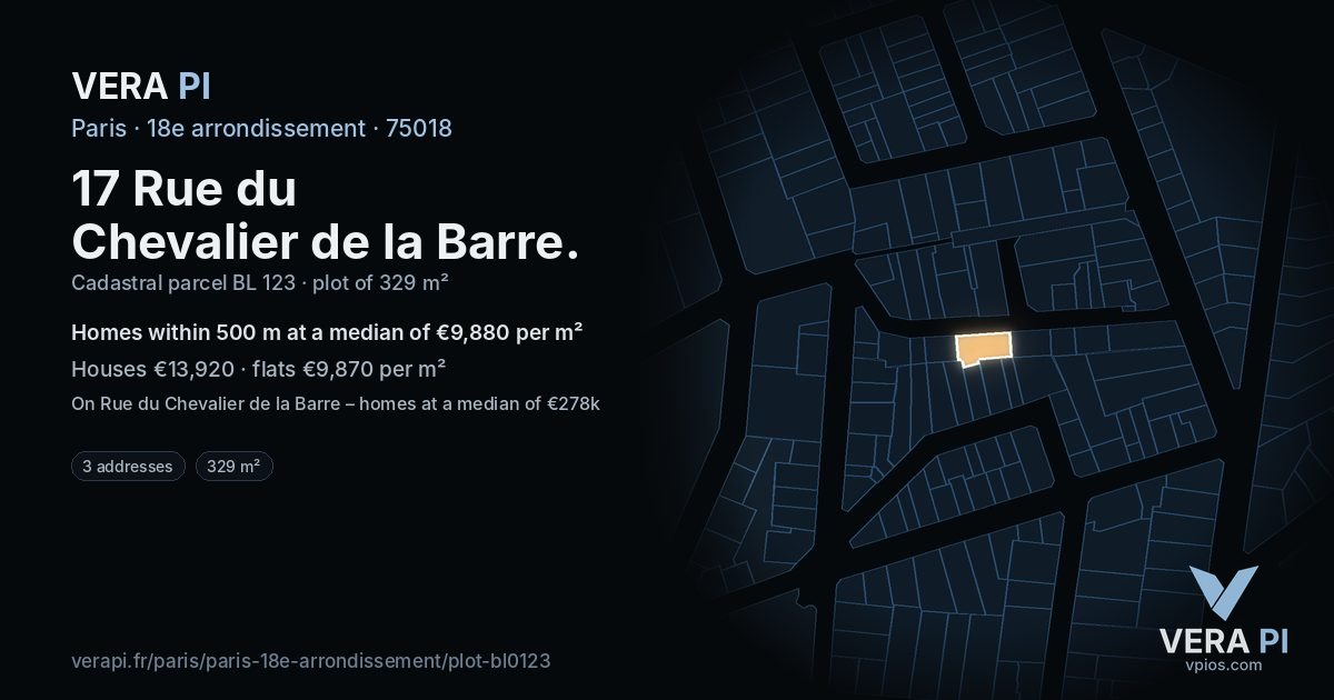 17 Rue du Chevalier de la Barre, 18e arrondissement at night – the plot lit, the parcels around coloured by the prices near them