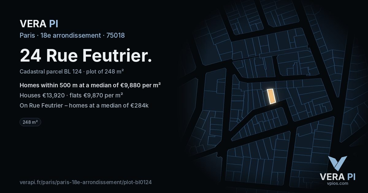 24 Rue Feutrier, 18e arrondissement at night – the plot lit, the parcels around coloured by the prices near them