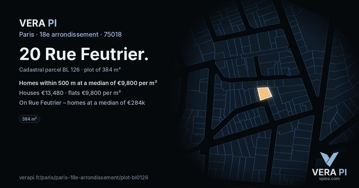 20 Rue Feutrier, 18e arrondissement at night – the plot lit, the parcels around coloured by the prices near them