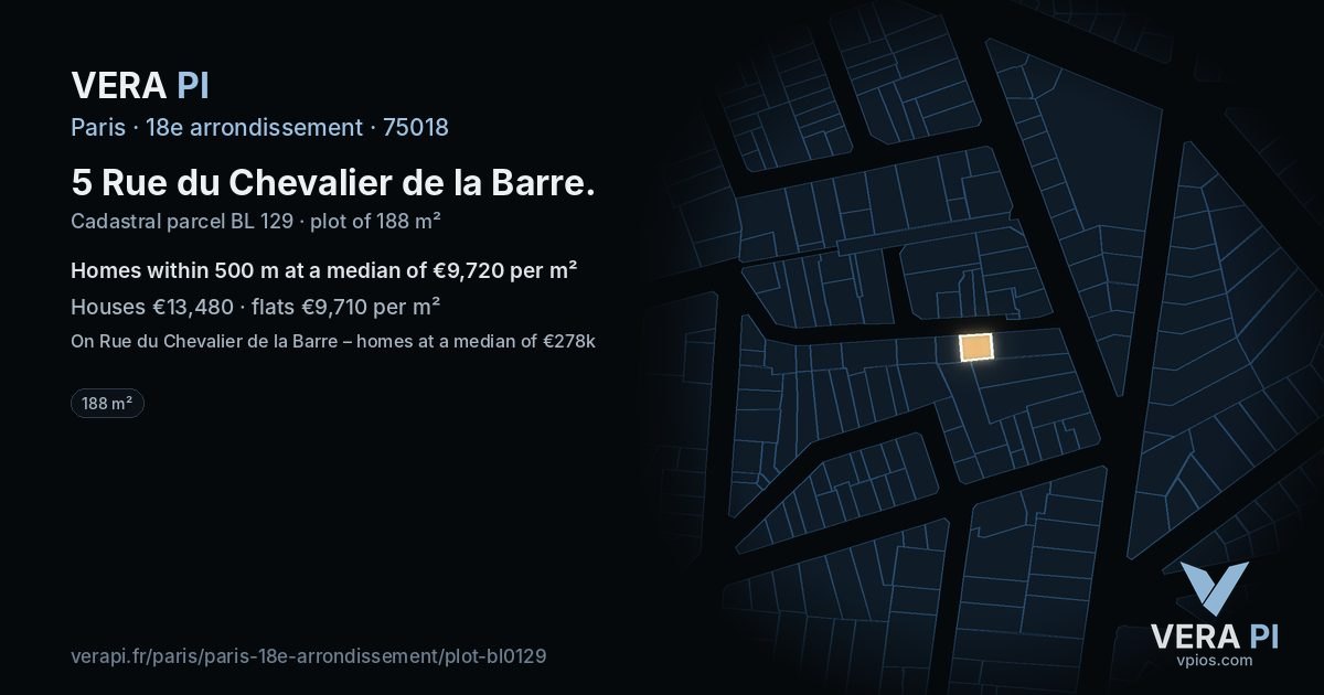 5 Rue du Chevalier de la Barre, 18e arrondissement at night – the plot lit, the parcels around coloured by the prices near them