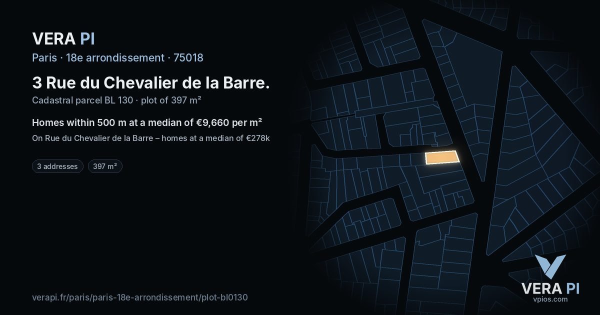 3 Rue du Chevalier de la Barre, 18e arrondissement at night – the plot lit, the parcels around coloured by the prices near them