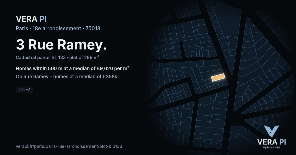 3 Rue Ramey, 18e arrondissement at night – the plot lit, the parcels around coloured by the prices near them