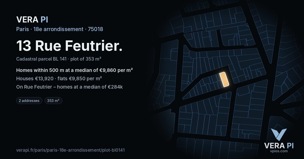 13 Rue Feutrier, 18e arrondissement at night – the plot lit, the parcels around coloured by the prices near them