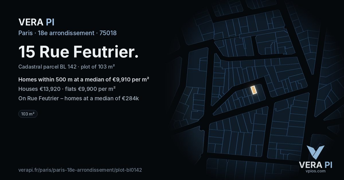 15 Rue Feutrier, 18e arrondissement at night – the plot lit, the parcels around coloured by the prices near them
